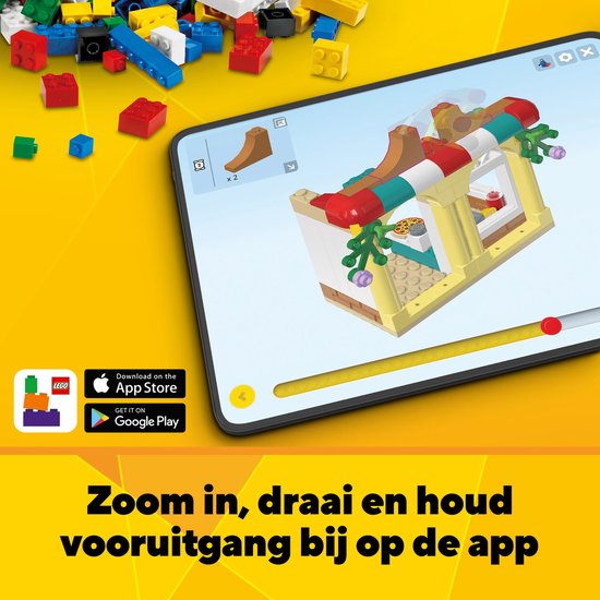 Scherm van een smartphone met een LEGO-huisje en blokjes. Tekst: Zoom in, draai en houd vooruitgang bij op de app.