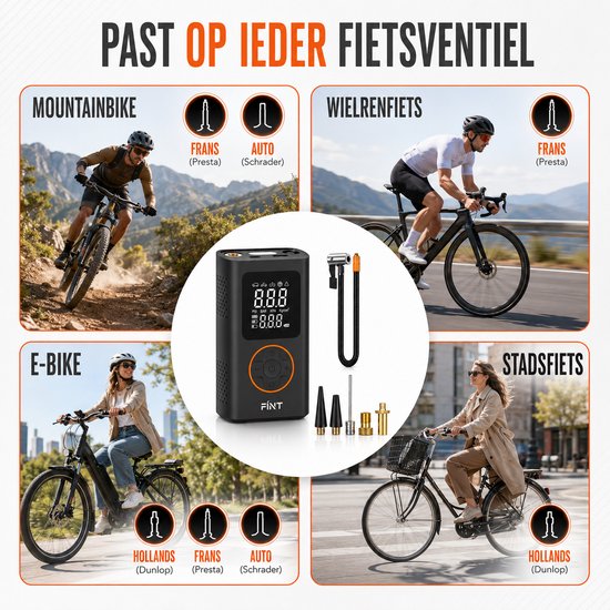 FÍNT® Elektrische Fietspomp - Luchtcompressor - voor Fiets, Scooter, Motor en Auto - Elektrische Bandenpomp - Oplaadbaar & Draagbaar - Bandenpomp - Compressor - Tot 10.3 Bar - Incl. Opbergzakje en Powerbankfunctie - PRO van FÍNT® — afbeelding 4