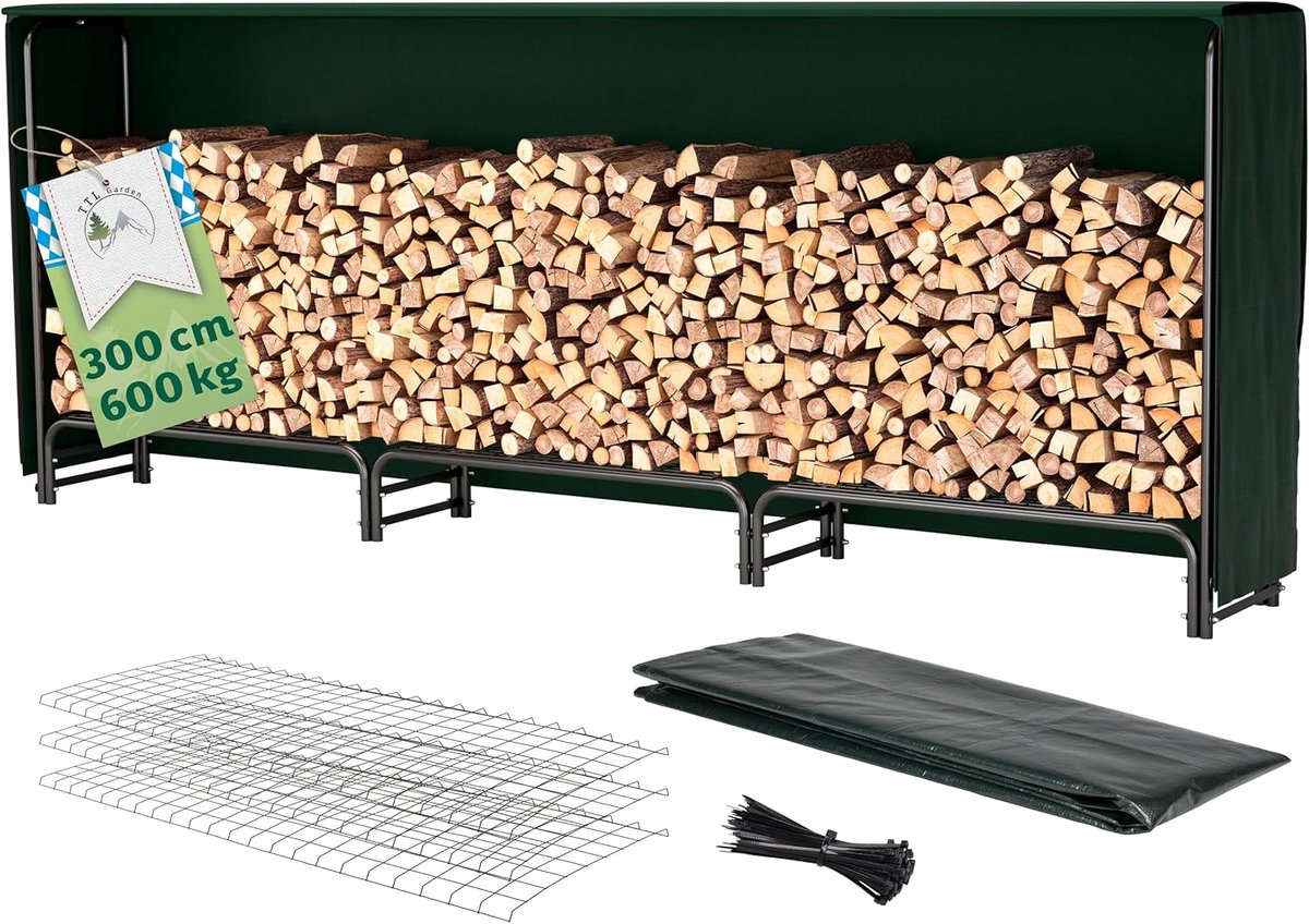 Houtopslag Rek - Brandhout Opslag - Droog Hout Houden - Inclusief Beschermhoes - 300 cm Lang - Zwart