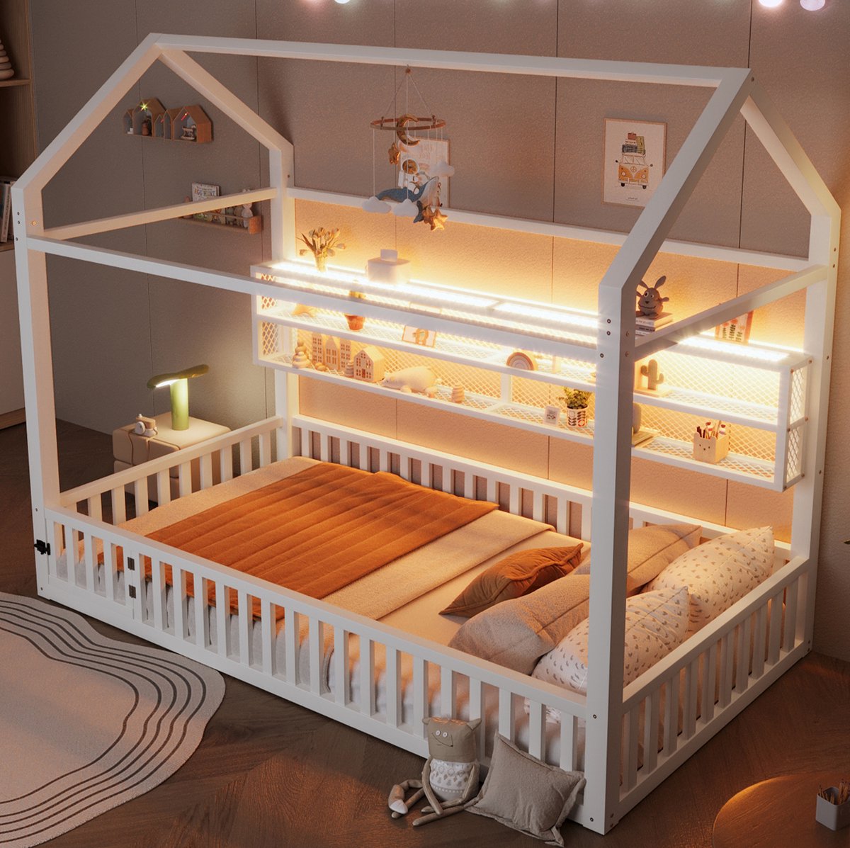 MEUNIQ huisbed 90x200 cm met veiligheidsrail en 7-kleuren LED-verlichting, metalen eenpersoons bedframe voor kinderkamer, wit, 204 x 95 x 170 cm