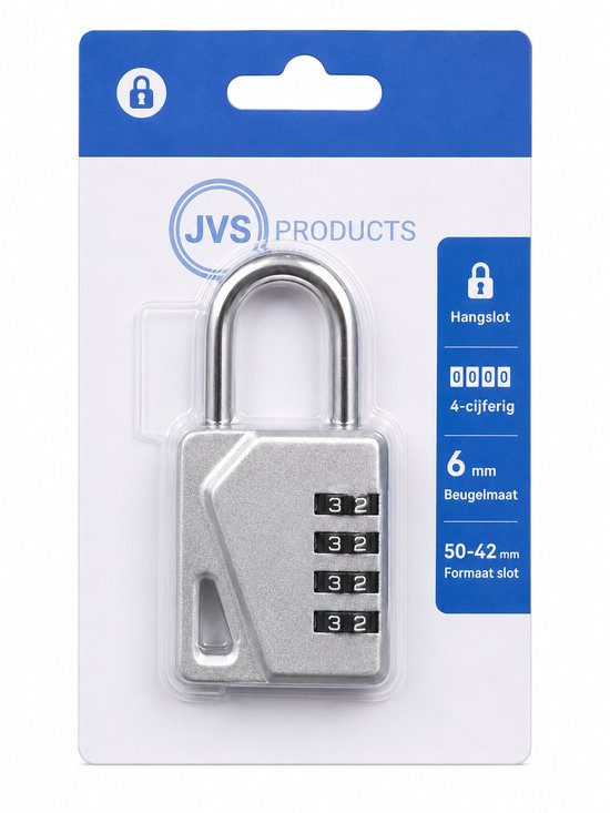 Zilverkleurig hangslot met 4 cijferwielen, JVS PRODUCTS