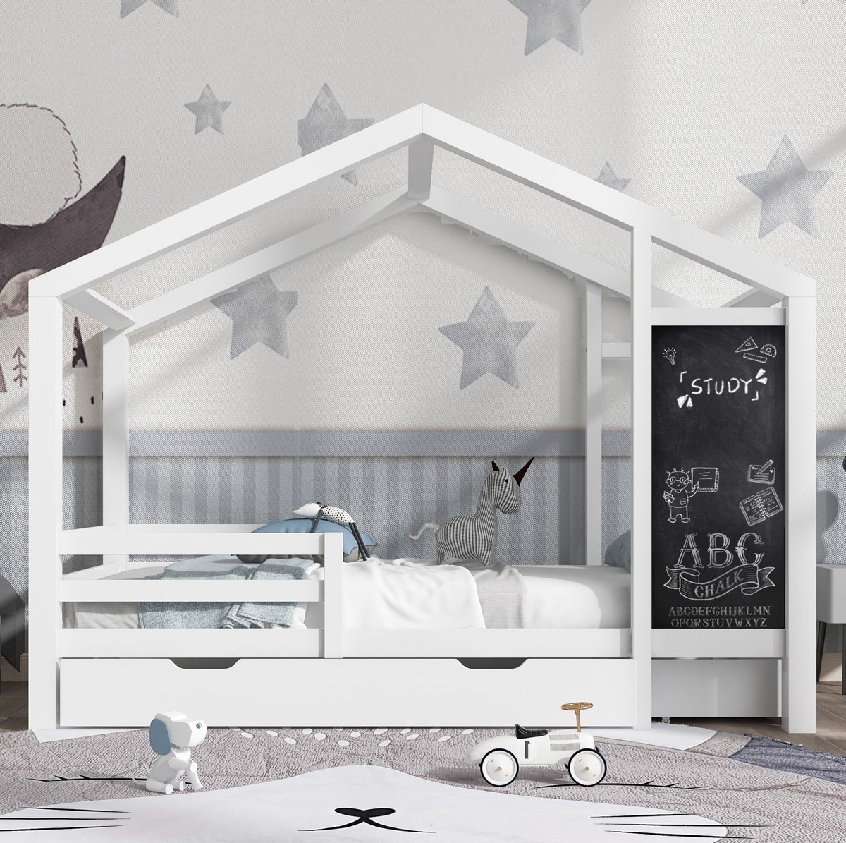 MEUNIQ kinderbed huisbed 90 x 200 cm met krijtbord, 2 lades, driezijdige bedhekken en lattenbodem, houten bedframe voor kinderkamer, wit