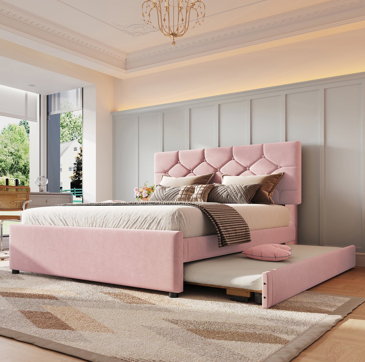 MEUNIQ gestoffeerd bed 140x200 cm met lattenbodem en uitschuifbed, tweepersoons bedframe met knopen hoofdbord, zonder matras, roze, slaapkamer