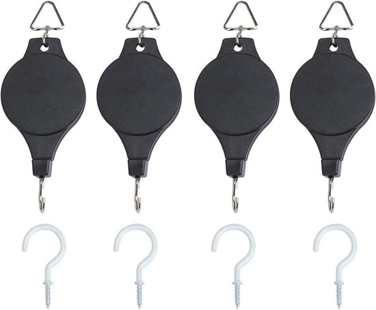 Plantrollers Haken - Mand Houder - Planten Ophangen - Intrekbaar Touw - 4 Stuks - Zwart
