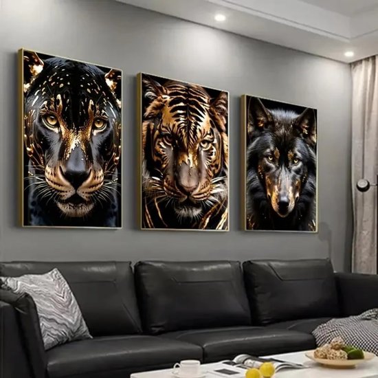 Canvas Poster Set - Wanddecoratie Prints - Woonkamer Inrichten - Abstract Dier Ontwerp - 40x60 CM - Zwart Goud