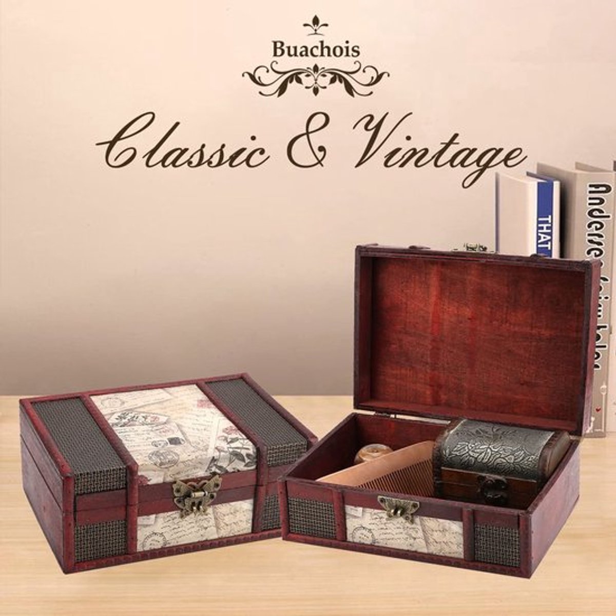 OmGoods - Dailygoody - Vintage houten opbergdoos - Decoratieve schatkist - Geschikt