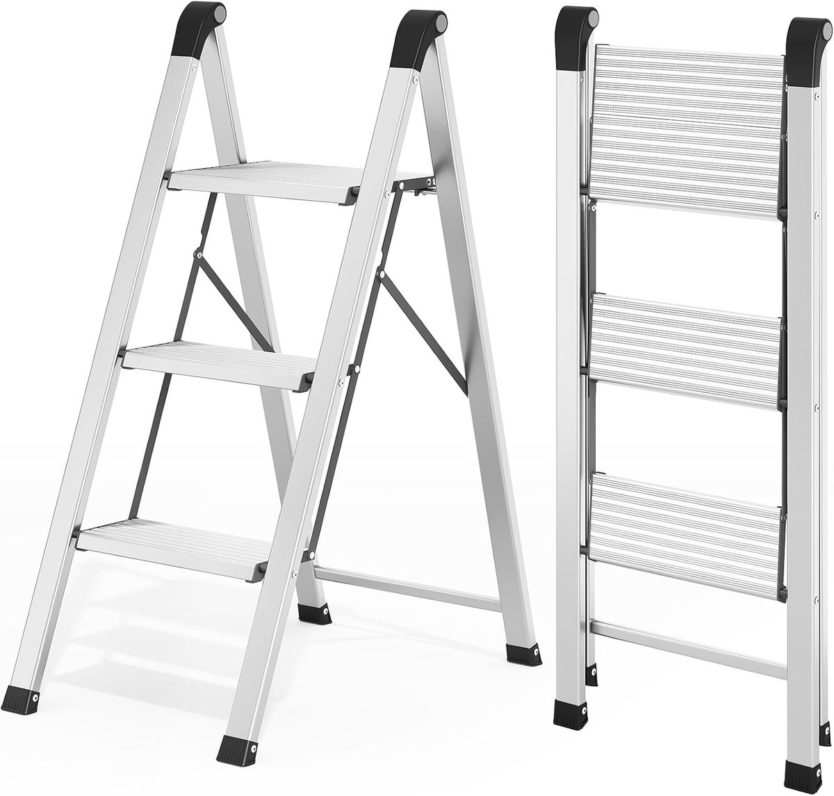 Trapladder 3 treden - Huishoudladder inklapbaar - Veilig klussen - Belastbaar 150 kg - 3861 Inch - Zilver