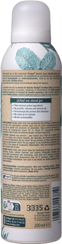 Kneipp Douche Foam "Goodbye Stress" spuitbus met munt en rozemarijn. Achterkant met productinformatie en logo's.