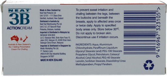 Neat 3B Action Cream, in verpakking met rode en blauwe tekst. "To prevent sweat irritation".