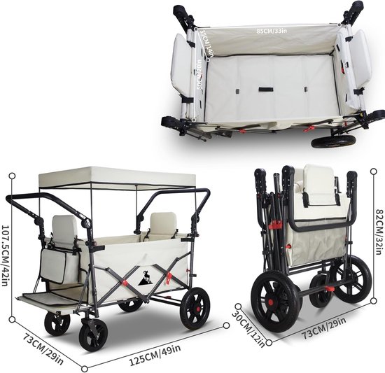 Bolderkar met remmen - Handwagen campingwagen - Familie uitstapjes - Inklapbaar met zitplaatsen - 120 l opbergruimte - Beige van Bolderkar — afbeelding 3
