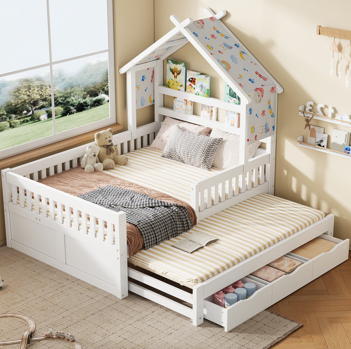MEUNIQ huisbed 140 x 200 cm met uitschuifbed, 3 lades en veiligheidshekken, kinderbed met lattenbodem voor de kinderkamer, wit