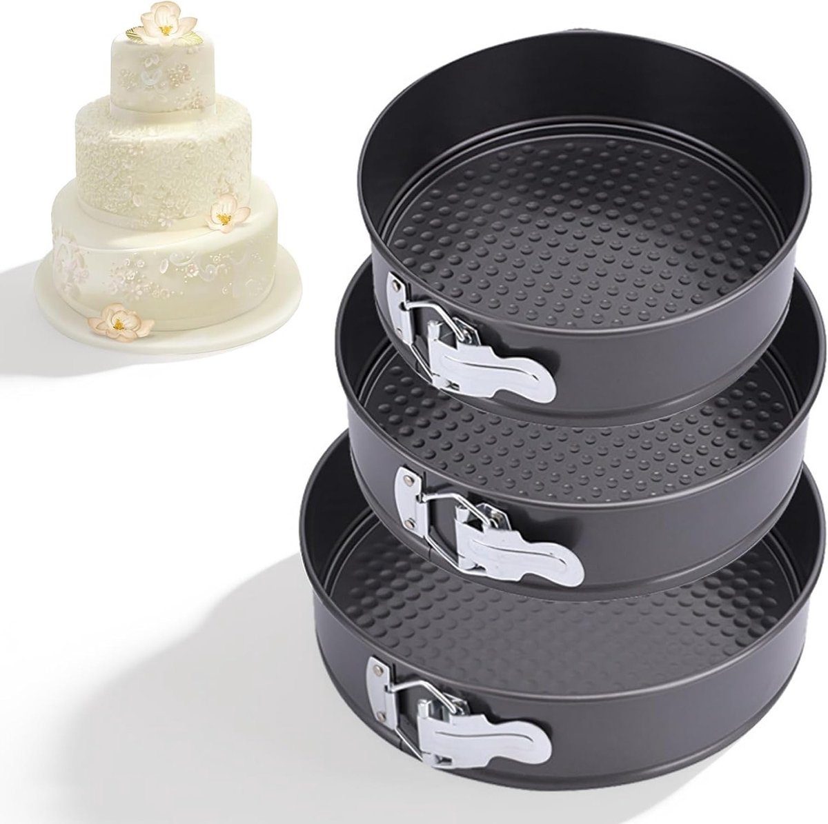 Set van 3 ronde cakevormen 20/22/24 cm met anti-aanbaklaag, uitneembaar en van koolstofstaal voor het bakken van taarten en brood