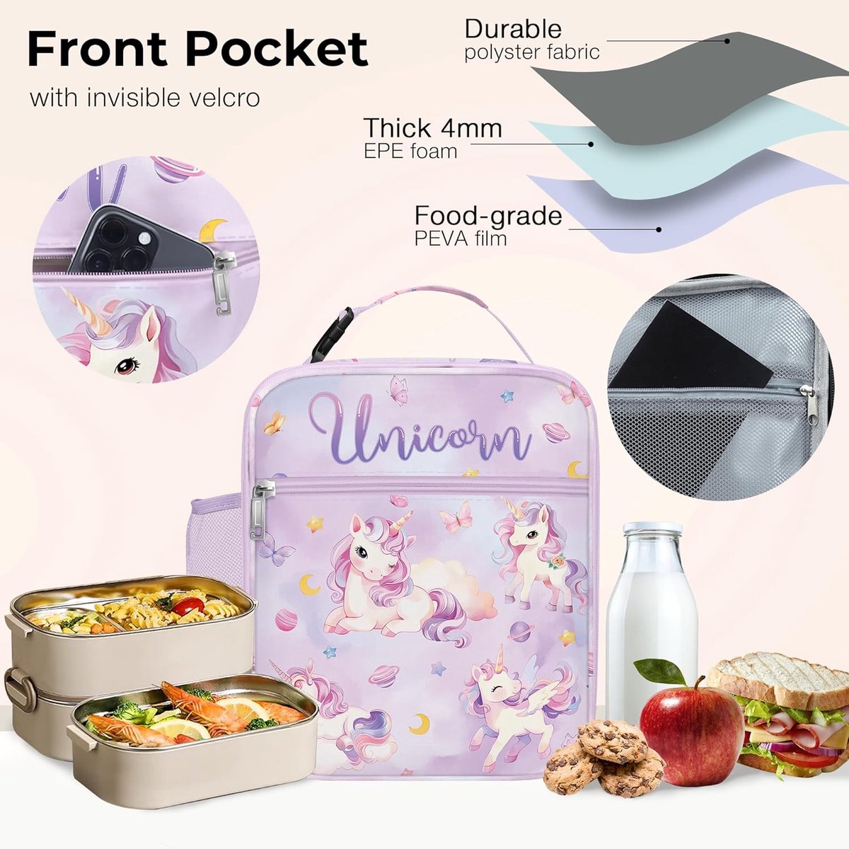 Geïsoleerde Lunchtas - Violet - Grote Capaciteit - Waterdicht - Voor Meisjes