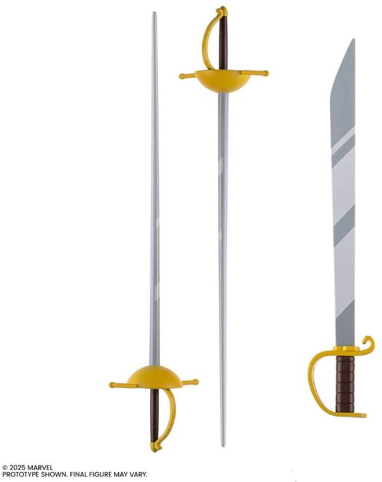 Accessoires: 2 degens en een sabel met gouden grepen.