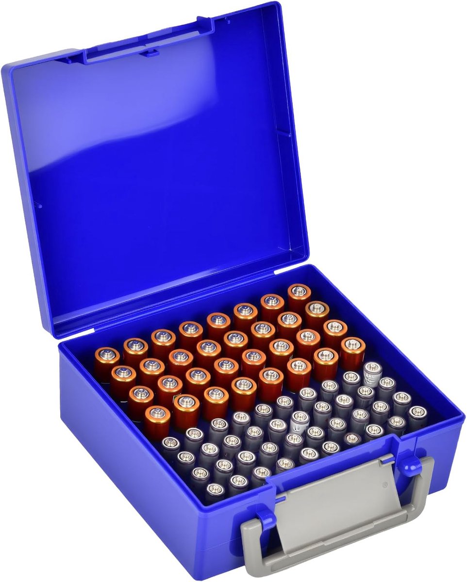 Thijox - FULLCASE Batterijopslag Houder voor 72 AA AAA-batterijen - Kunststof Organizer voor Thuis en Garage - Blauwe Doos - Batterij Dispenser en Opb