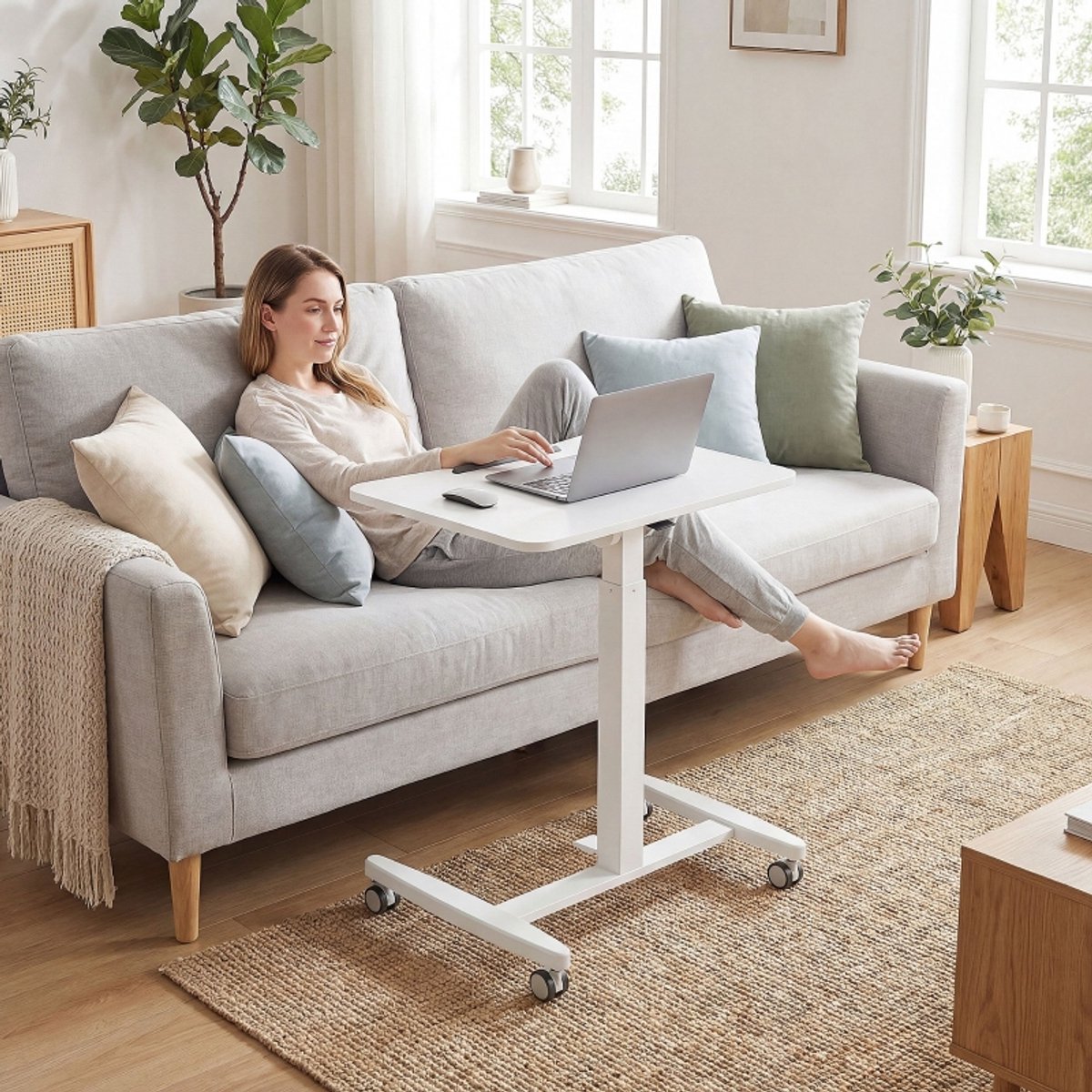 DESMIU Sta Bureau - Hoogte Verstelbaar Met Kantelbaar Blad En Wielen - Compact Werkblad Voor Homeoffice En Studie - Hout - Wit - 60,5 Cm