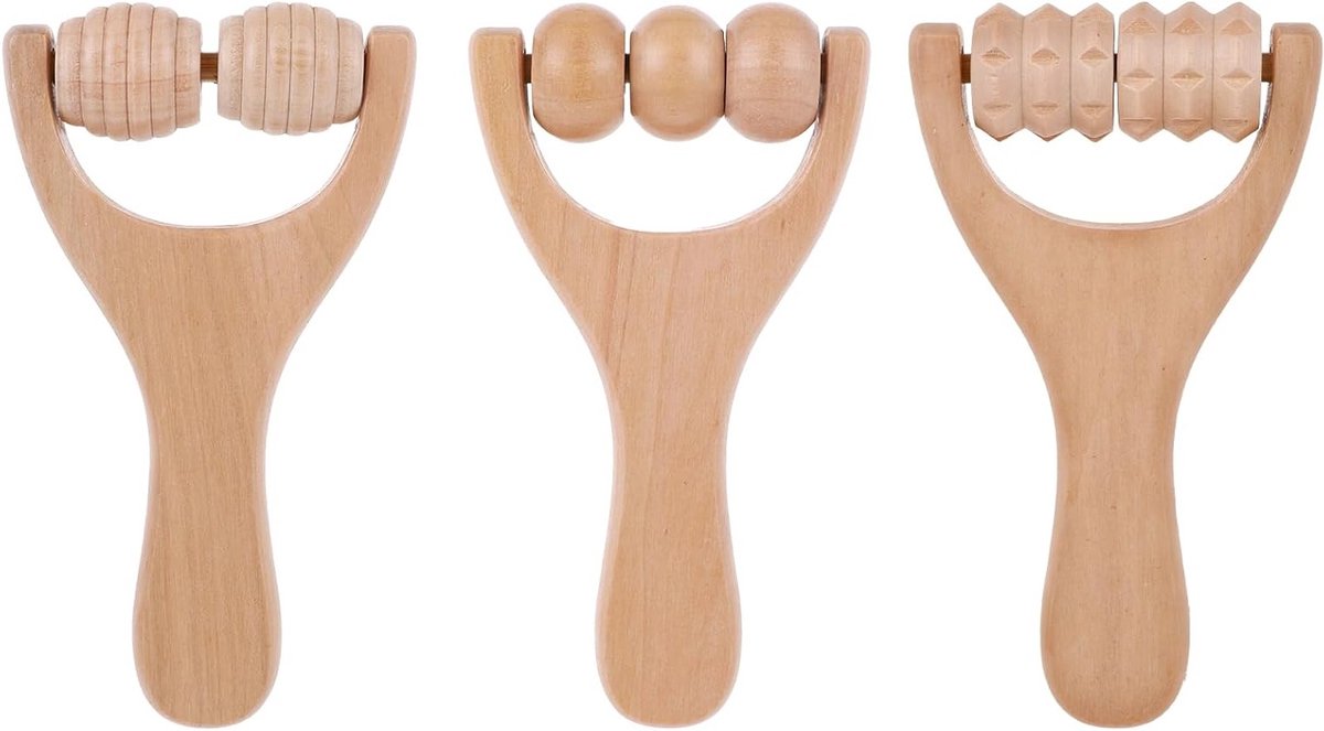 Set van 3 Houten Massage Rollers, Fasciaroller voor Ontspanning van Rug, Benen en Spieren