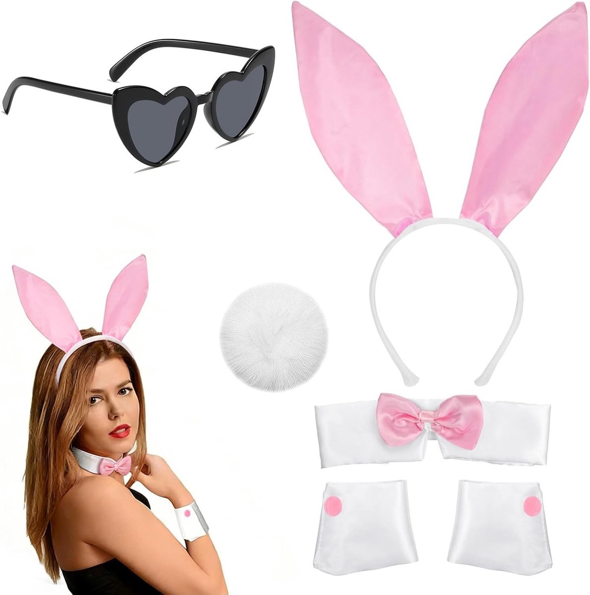 Vrouwelijk Konijnen Kostuum Set van 5, Schattige Halloween Accessoires met Oren, Strik, Mouwen, Bril en Staart voor Cosplay Feesten en Halloween Decoratie