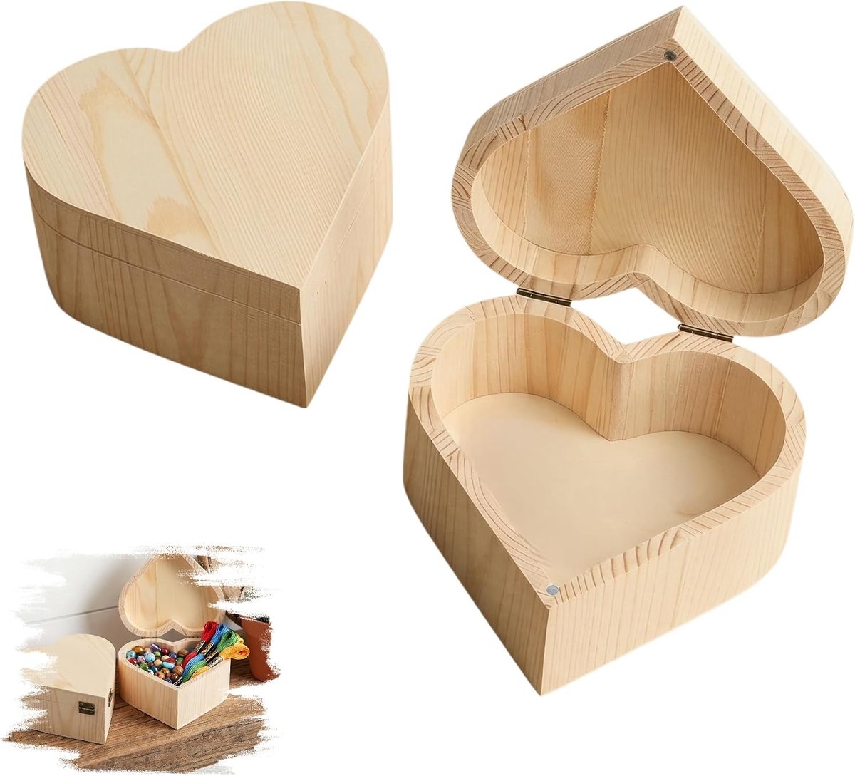 SnelShoppen - Houten Kist met Deksel Hartvorm 2 Stuks 13x13x7 cm Retro Herinneringsdoos voor Sieraden, Armbanden, Halskettingen en Cadeaus