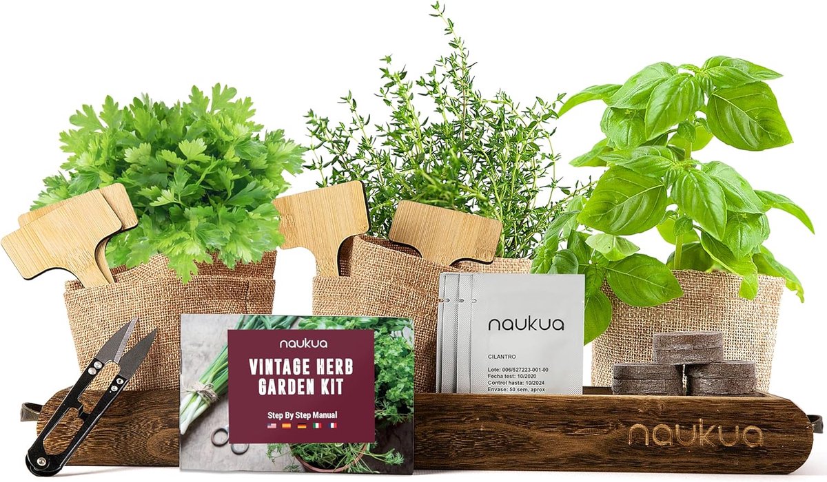 SnelShoppen - Vintage Kruidentuin Startset - 100% Biologische Non-GMO Zaden - Thuis Verse Kruiden Groeien - Inclusief Houten Tray, Jute Potten, Gronds