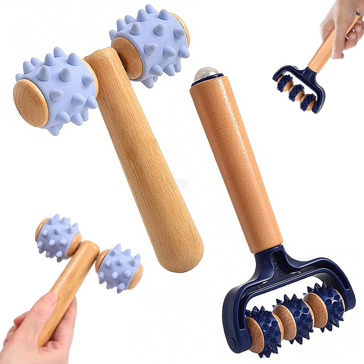 SnelShoppen - Massage roller set met handvat - 1 stuk T-vormige drie-wiel massage roller en 1 twee-wiel massage roller, egeltje bal geïntegreerd, zelf
