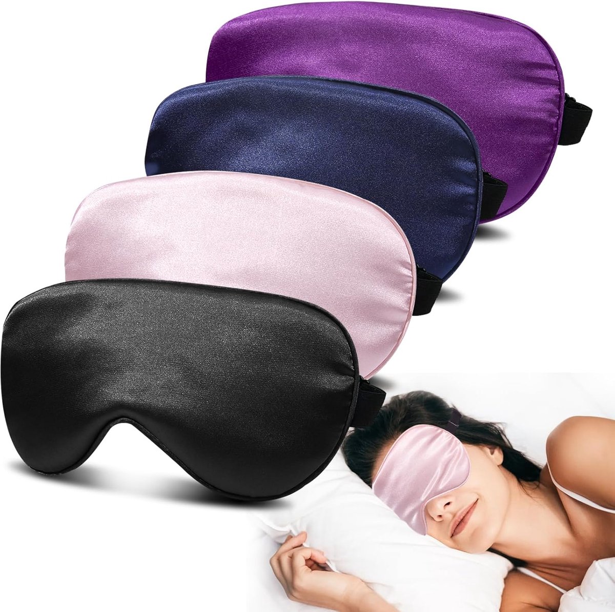 Thijox - Set van 4 zijdeachtige slaapmaskers voor dames en heren, 100% verduisterend, superzacht satijnen oogmasker met verstelbare riem voor slapen,
