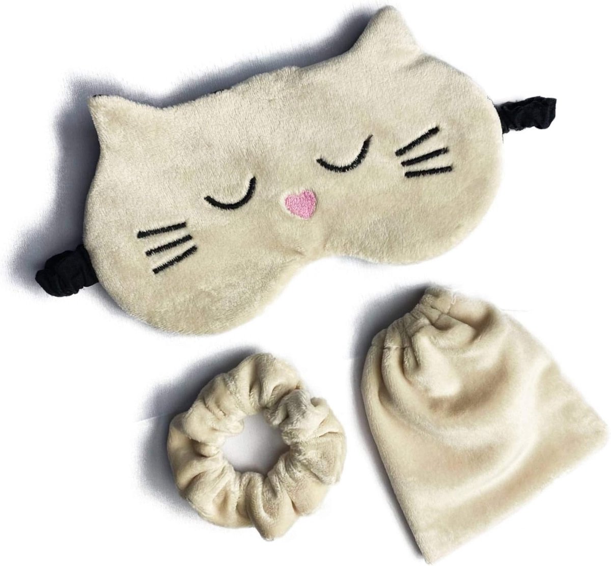 SnelShoppen - Schattig Kattenslaapmasker Fluwelen Oogmasker met Scrunchie en Tas - Pluizig Slaapmasker voor Kinderen en Volwassenen - Perfect Cadeau v