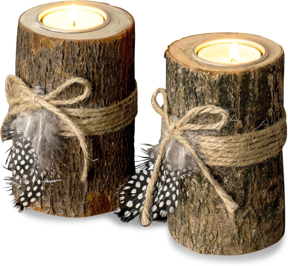 SnelShoppen - Set van 2 Houten Theelichthouders 12 cm Hoog, Natuurlijke Hout met Veertjes, Kaarsenstandaard voor Tafel Decoratie, Feest, Tuin, Keuken
