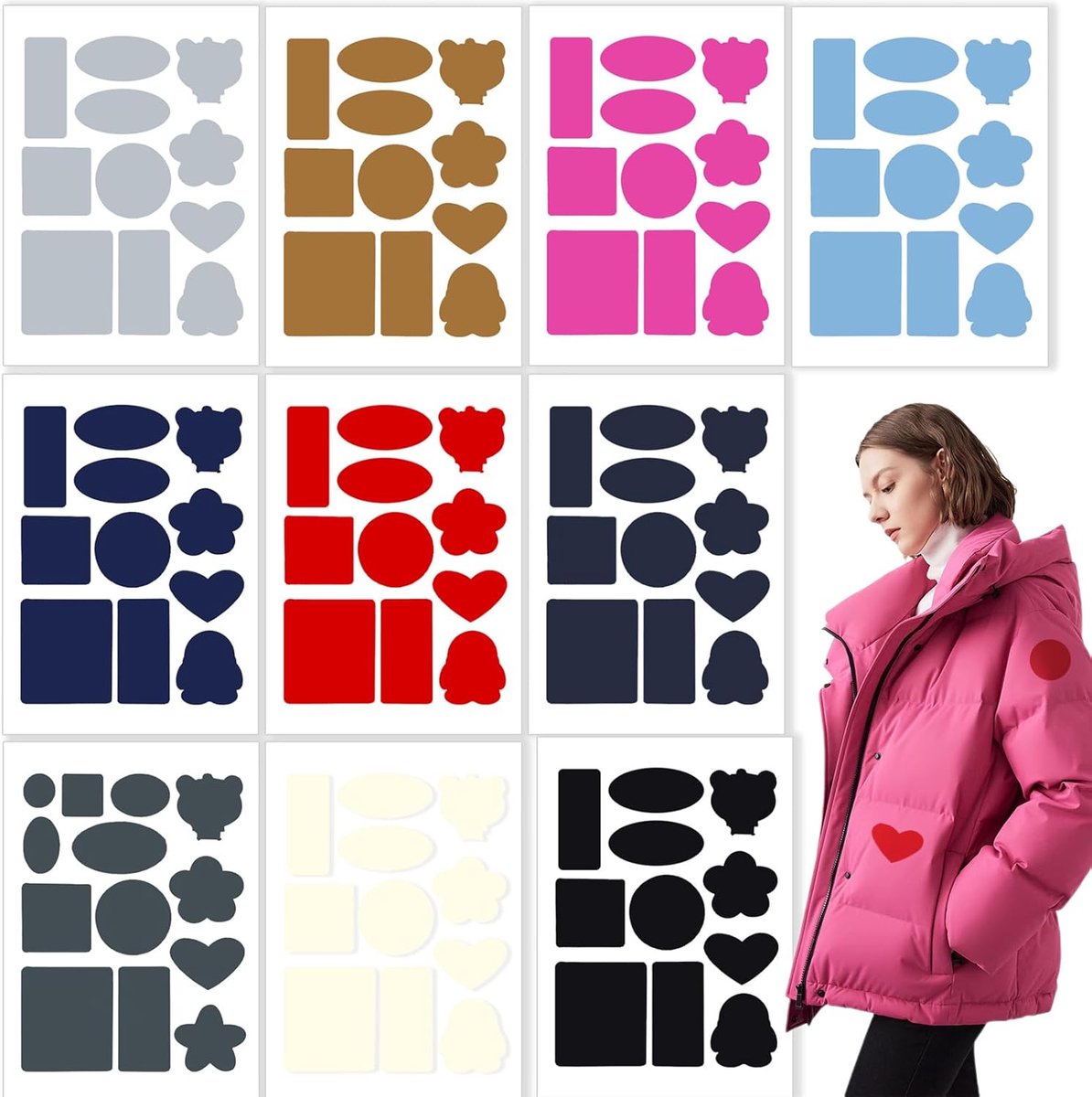 SnelShoppen - 10 Stuks Down Jacket Repair Kit - Zelfklevende Nylon Patches in 10 Kleuren - Diverse Geometrische Vormen en Maten voor Jassen, Tenten en