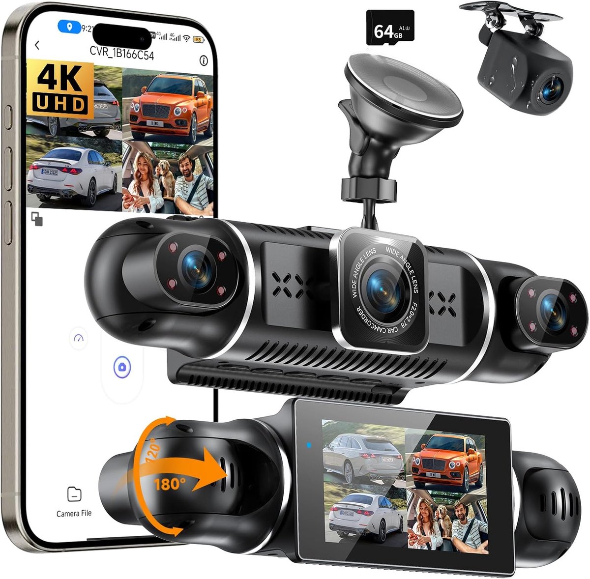 SnelShoppen - Dashcam Auto Achter 4K/1080P, 4-Kanaals Autocamera met 64GB SD-Kaart, 360° Dashcam met Parkeerbewaking, 4X140° Groothoek, 3" IPS-Scherm,
