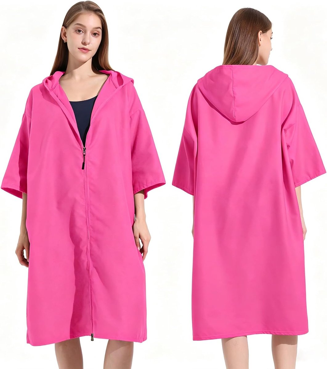 SnelShoppen - QKTYB Poncho Handdoek Volwassenen met Ritssluiting, Microvezel Omkleedponcho Sneldrogend Lichtgewicht Surfponcho 110x78cm Fuchsia voor Z