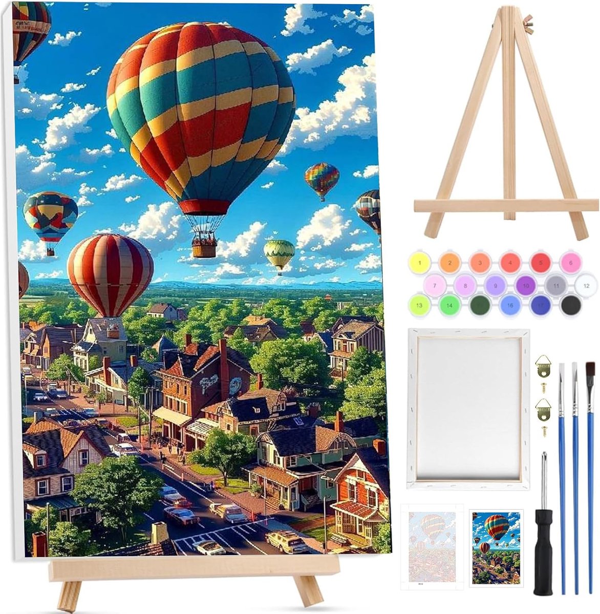 SnelShoppen - Ballonverf op Nummer voor Volwassenen met Ingelijst Canvas en Houten Ezel, Complete Schilderen op Nummer Kit voor Beginners, Acrylverf e