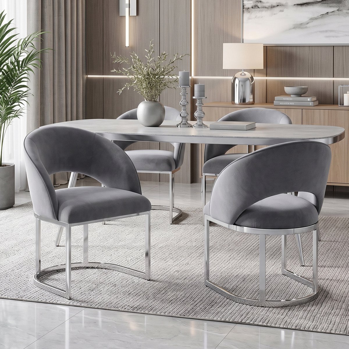 Pugsdrly 4 eetkamerstoelen, comfortabel en ademend, geschikt voor restaurants, woonkamers, cafés en andere locaties, moderne stijl, verzilverde stoelpoten, fluweel, grijs + zilver,Zonder tafel