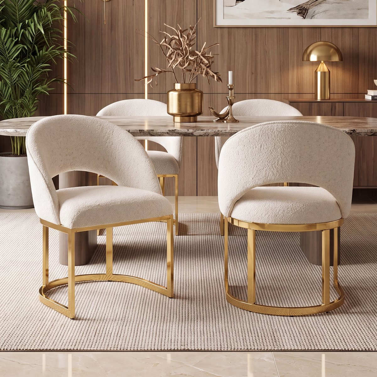 Pugsdrly 4 eetkamerstoelen, comfortabel en ademend, geschikt voor restaurants, woonkamers, cafés en andere locaties, moderne stijl, goudkleurig gegalvaniseerde stoelpoten, bouclé, beige + goud,Zonder tafel