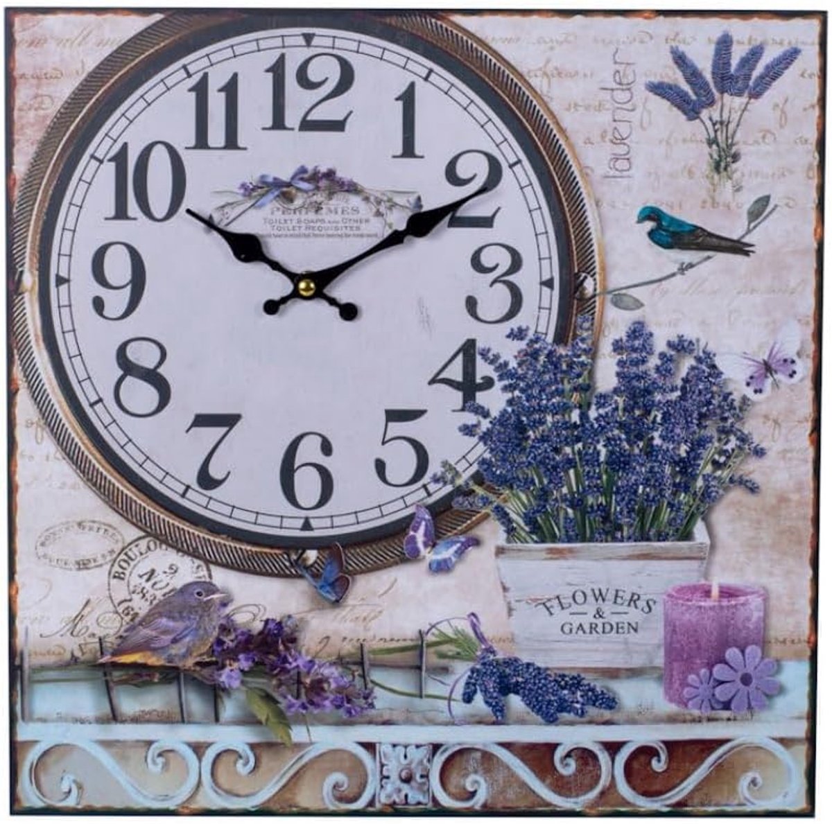 SnelShoppen - Canvas Wandklok LAVENDER FLOWERS & GARDEN 38 Cm - Stille Muurklok - Brocante Decoratie - Keuken Klok - Hoogwaardige Canvas Klok