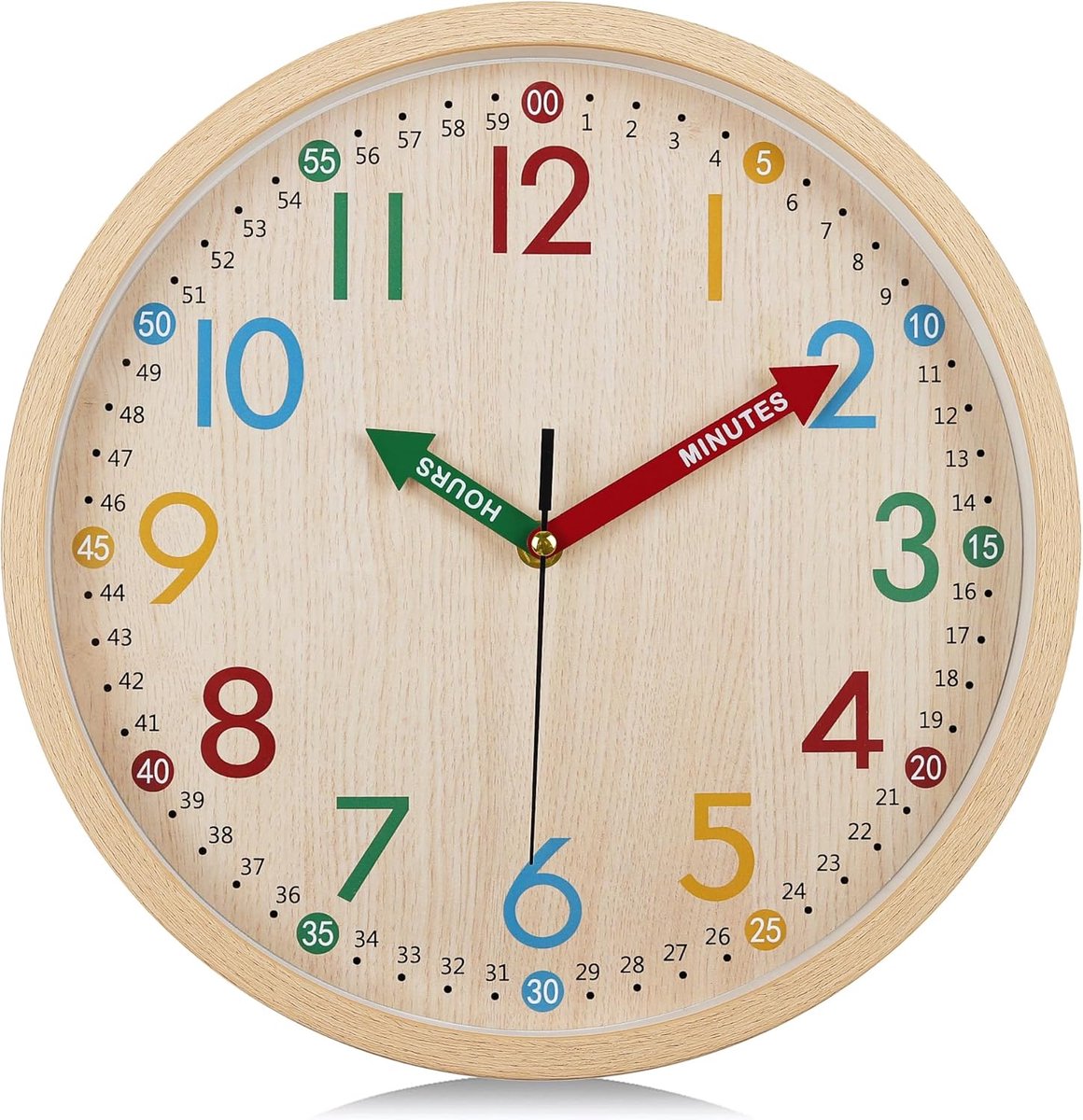 SnelShoppen - Kleurvolle Houten Wandklok 30cm Stil Lezen 12 Inch Schattige Analoge Klok voor Klaslokaal Slaapkamer School Huis Speelkamer