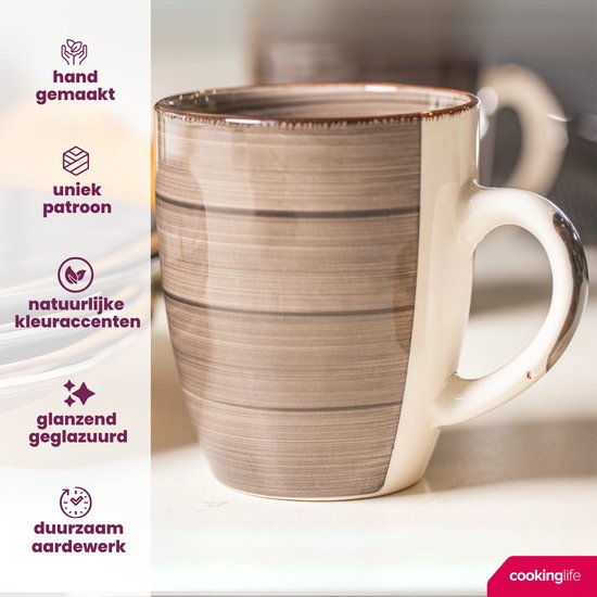 Beige mok met grijze horizontale strepen, vaatwasserbestendig.