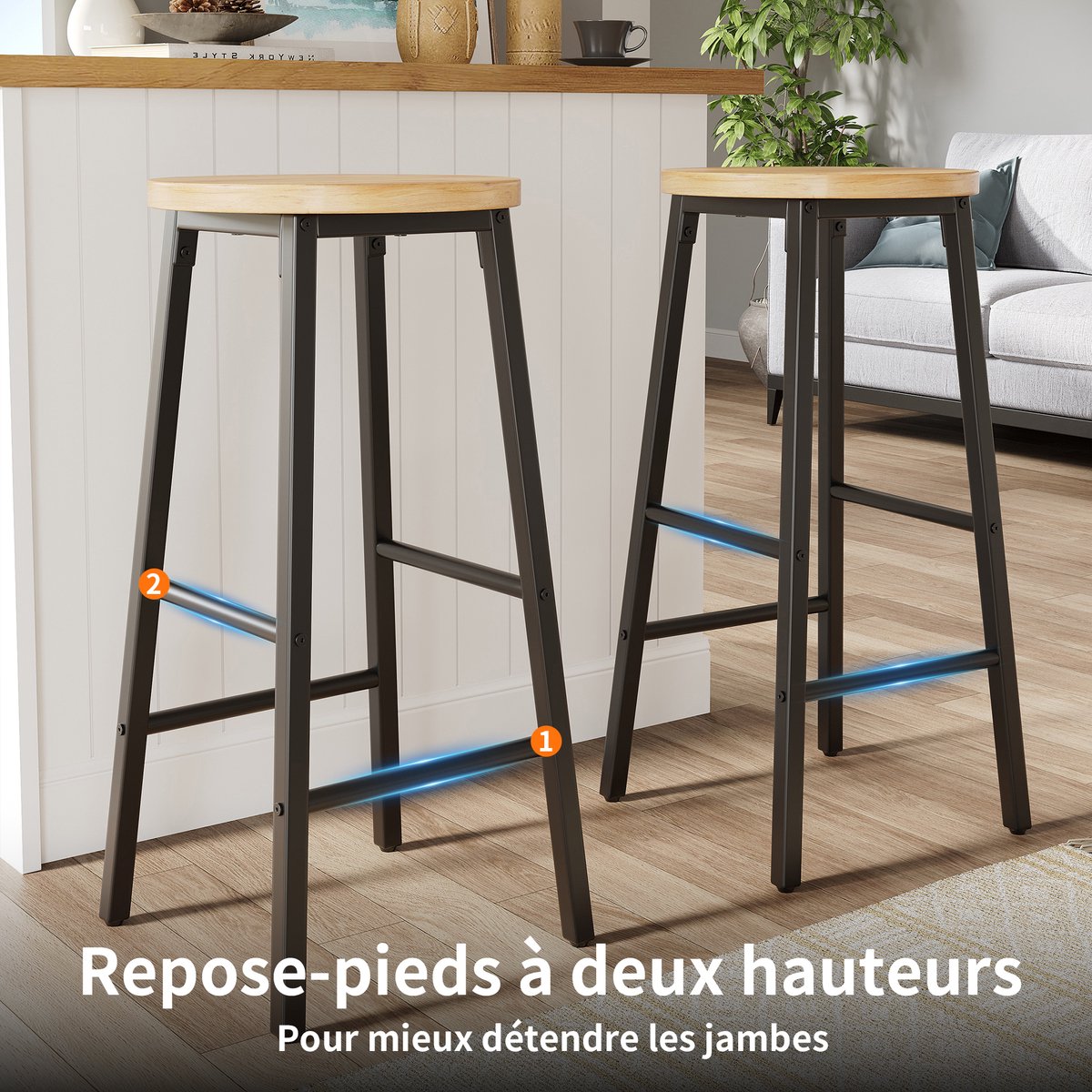 STILVORA Barkruk 63 Cm - Set Van 2 Met Houtlook Zitting En Dubbele Voetsteunen - Voor Bar En Keukeneiland - MDF En Metaal - Zwart