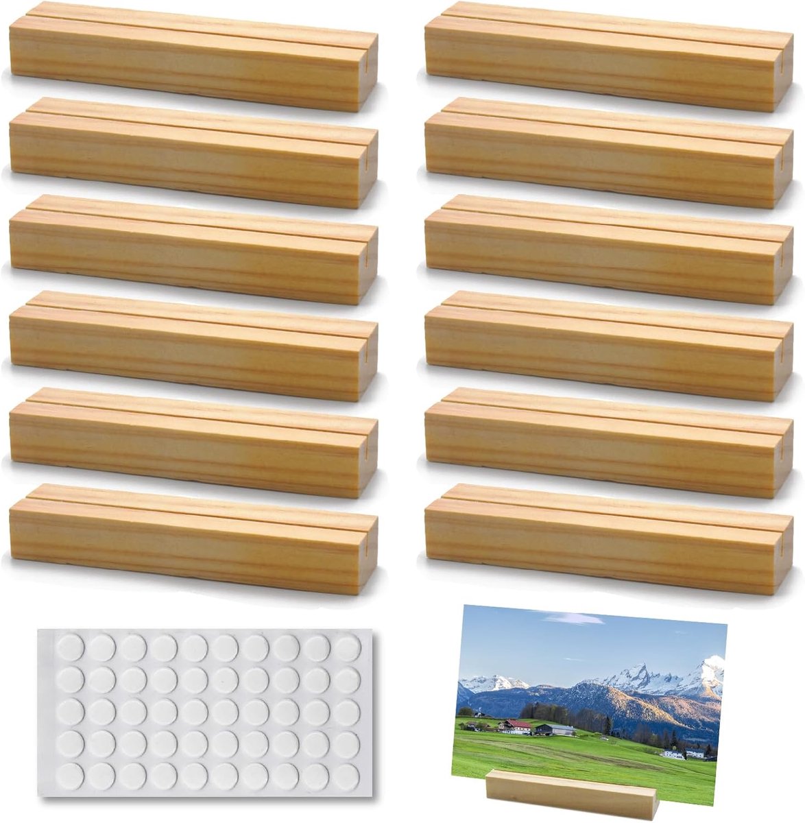 SnelShoppen - Houten Kaarthouders 12 Stuks 10.5 x 2.5 x 1.5 cm, Stabiliteit voor Menukaarten, Foto's en Postkaarten, Perfect voor Bruiloften, Feesten