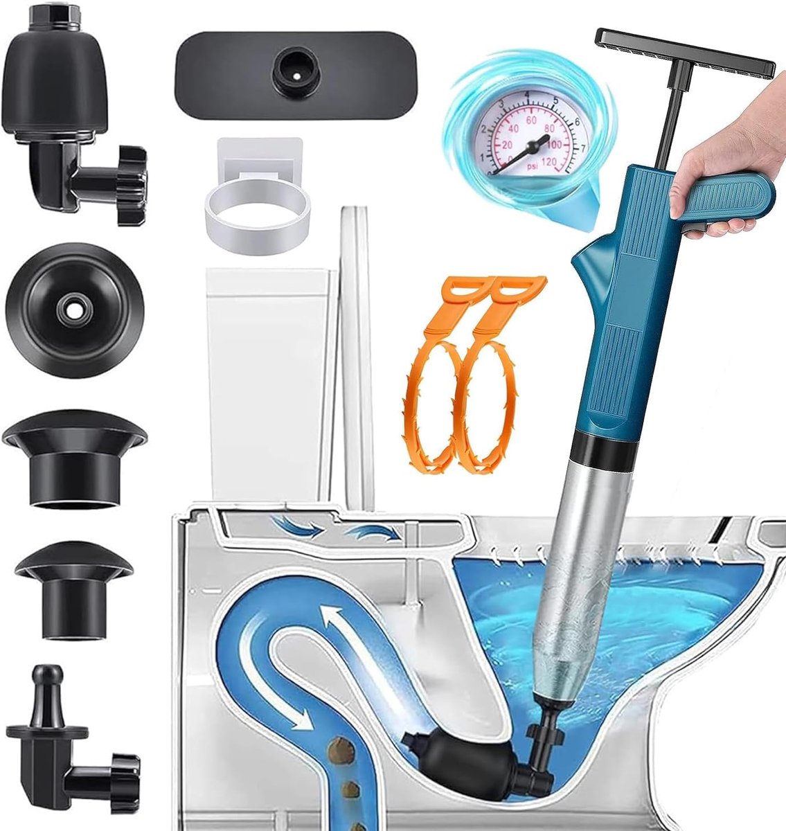 SnelShoppen - High Pressure Toilet Unblocker, Toilet Plunger Pump, Afvoer Ontstopper voor Keuken en Badkamer, Max 120 PSI, Eenvoudig en Efficiënt