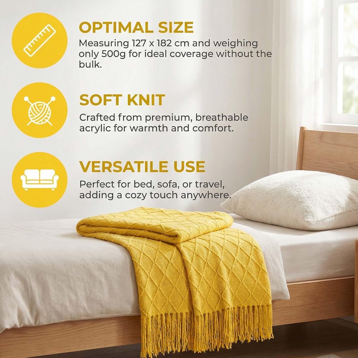 SnelShoppen - Knitted Blanket met Fringes - 130x180 cm Beige - Warme en Ademend Plaid voor Sofa en Bed - Perfect voor Thuis, Camping, en Buiten