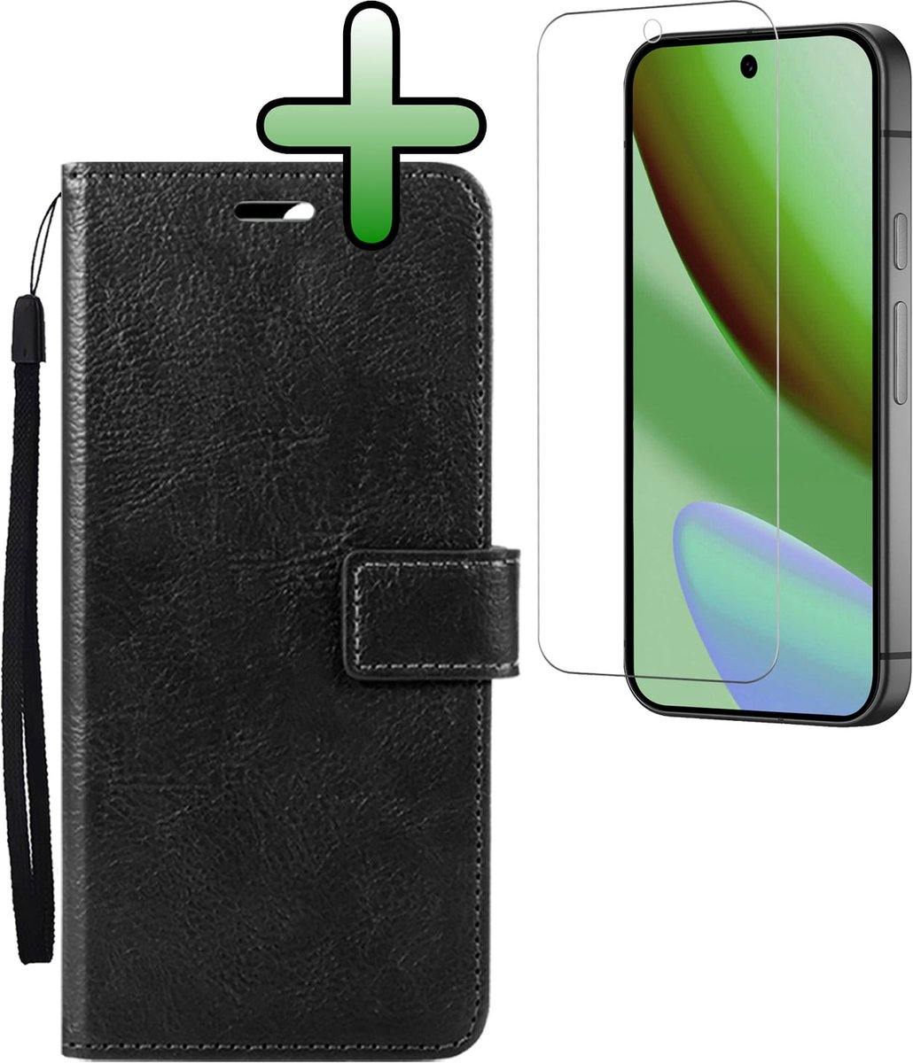 Hoesje Met Screenprotector - Geschikt voor Google Pixel 11 Pro - Luxe Pasjeshouder - Bookcase Portemonee - Flip Case - Kunstleer Book Case - Flipcase - Book Cover - Walletcase - Portemonneehoes - Zwart