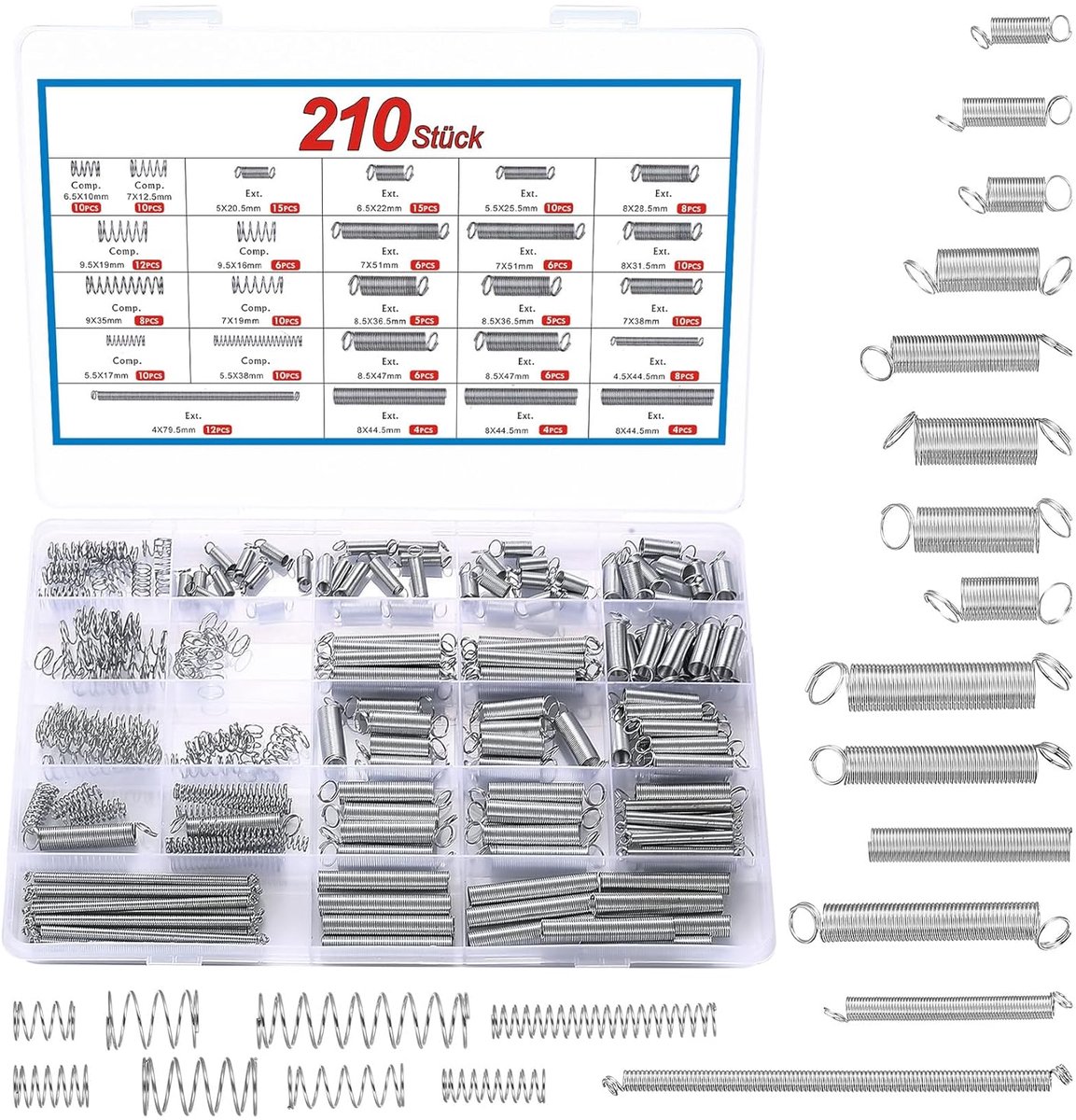 SnelShoppen - 210Pcs Tension Springs Assortiment Set, Spiraalveren, Staal, Hoogwaardige Kwaliteit, Veelzijdig voor Handgereedschap, Auto, Huishoudelij