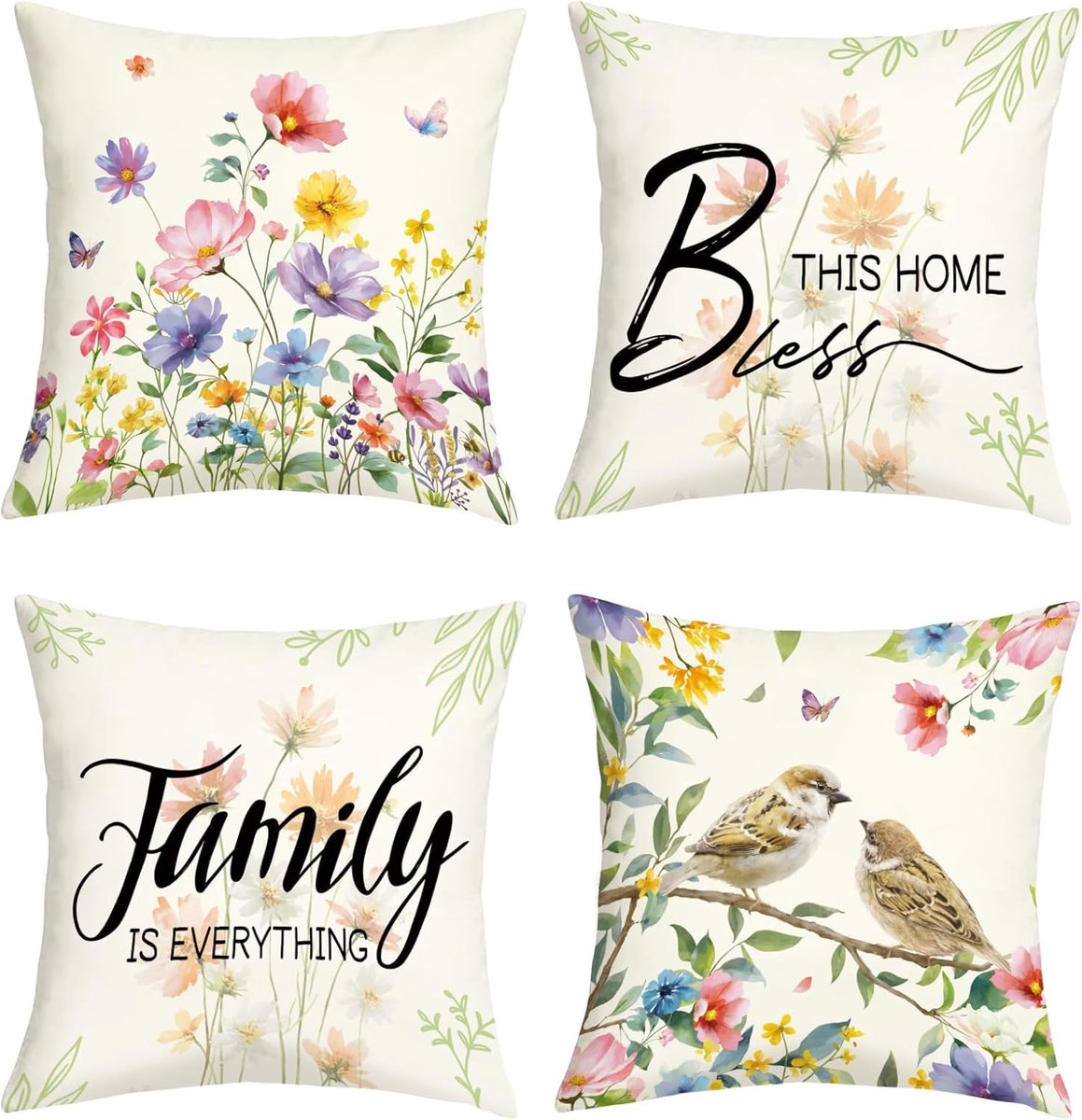 SnelShoppen - Set van 4 Kussenhoezen 45x45 cm met Lente Zomer Waterverf Bloemen en Vogels voor Sofa Dekoratie - Luxe Fluwelen Kussenslopen voor Huis e