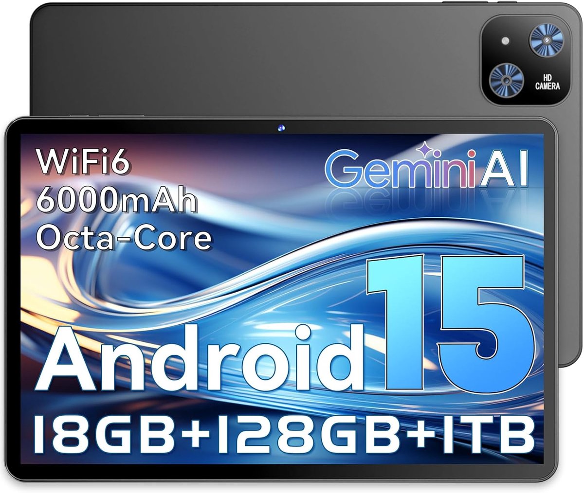 SnelShoppen - Tablet Android 15 10.1 Inch Black, Octa-Core T30, 18GB RAM, 128GB, IPS, 6000mAh, WiFi 2.4/5G, GPS, Face ID, Type-C, BT, 3.5mm Jack - Ide