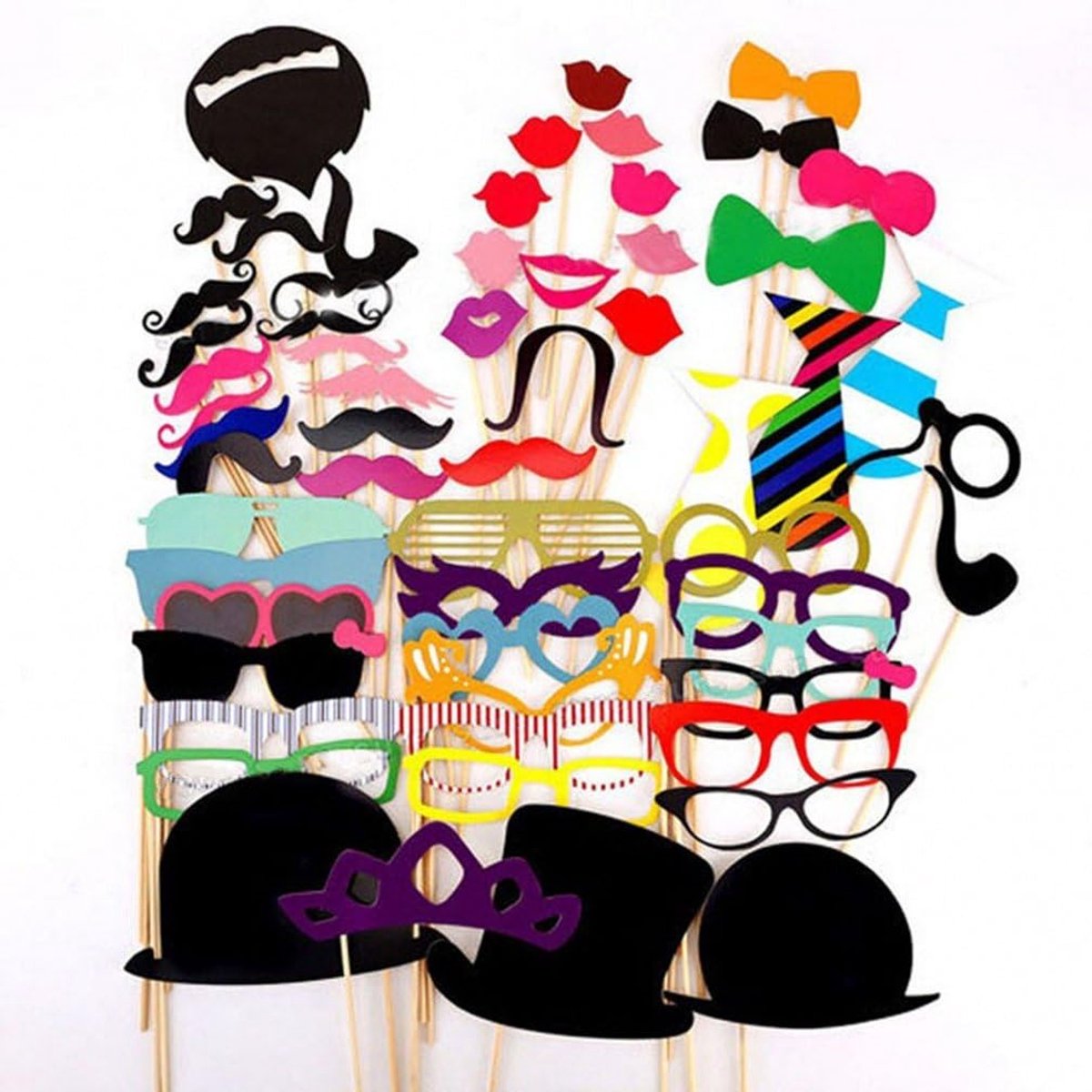 SnelShoppen - 58-delige Foto Props Set voor Feestjes - Moustaches, Lippen, Brillen, Stropdassen, Hoeden en Baarden - Perfect voor Bruiloften, Verjaard