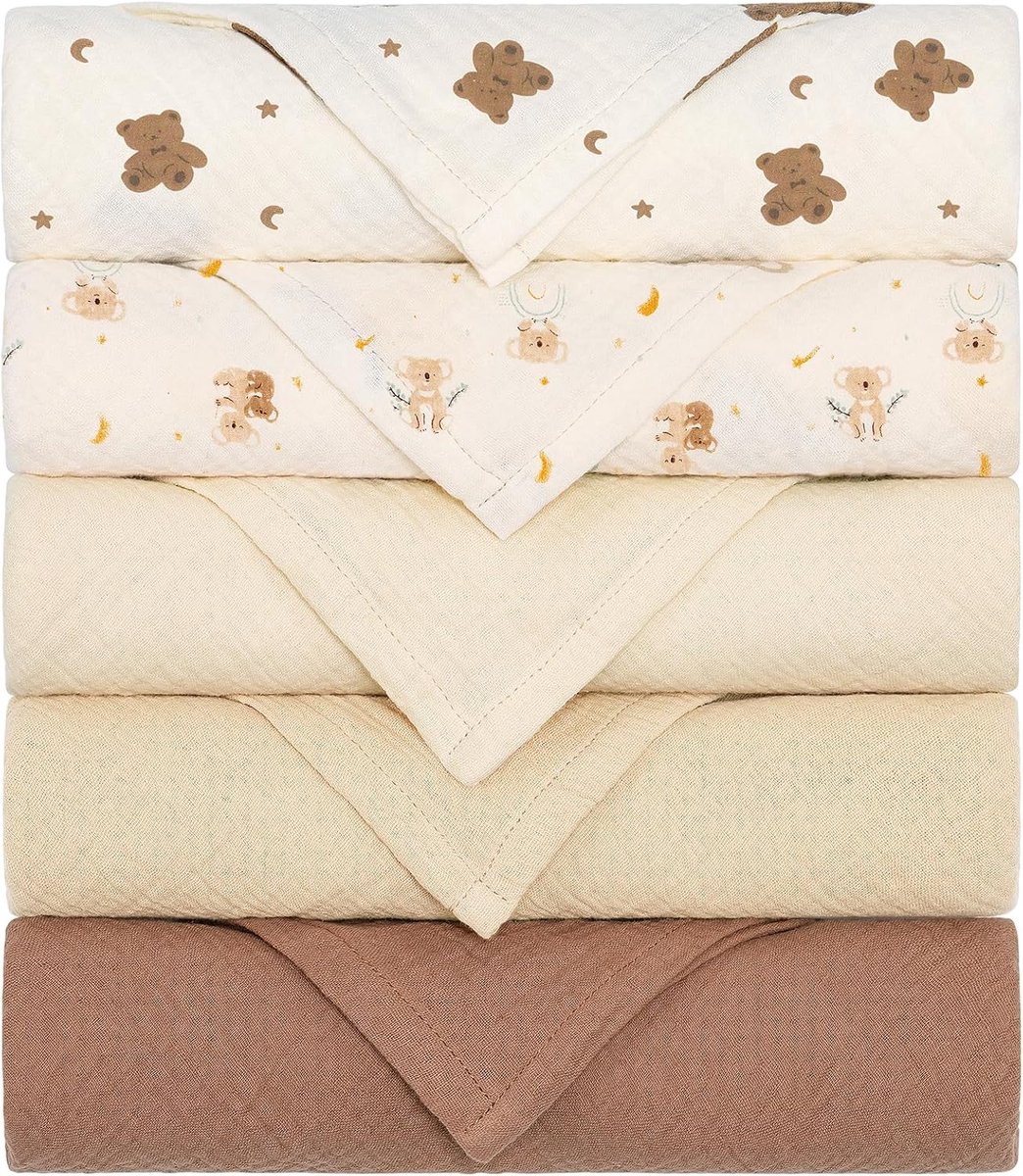 SnelShoppen - Mull Cloths Baby Burp Cloths 100% Katoen Absorberend 60 x 60 cm Set van 5 voor Pasgeborenen Jongens en Meisjes Bruin Beer Multi-Function