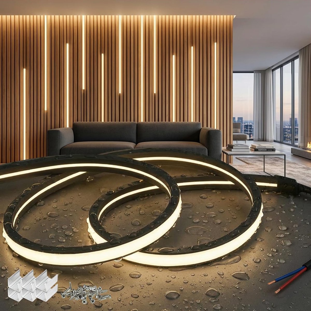 SnelShoppen - 5m Neon LED Strip voor Akoestische Paneel 220V Draadloos Zwart Siliconen Neon Buiten Waterproof Vlamvertragend IP65 Flexibel Natuurlijk