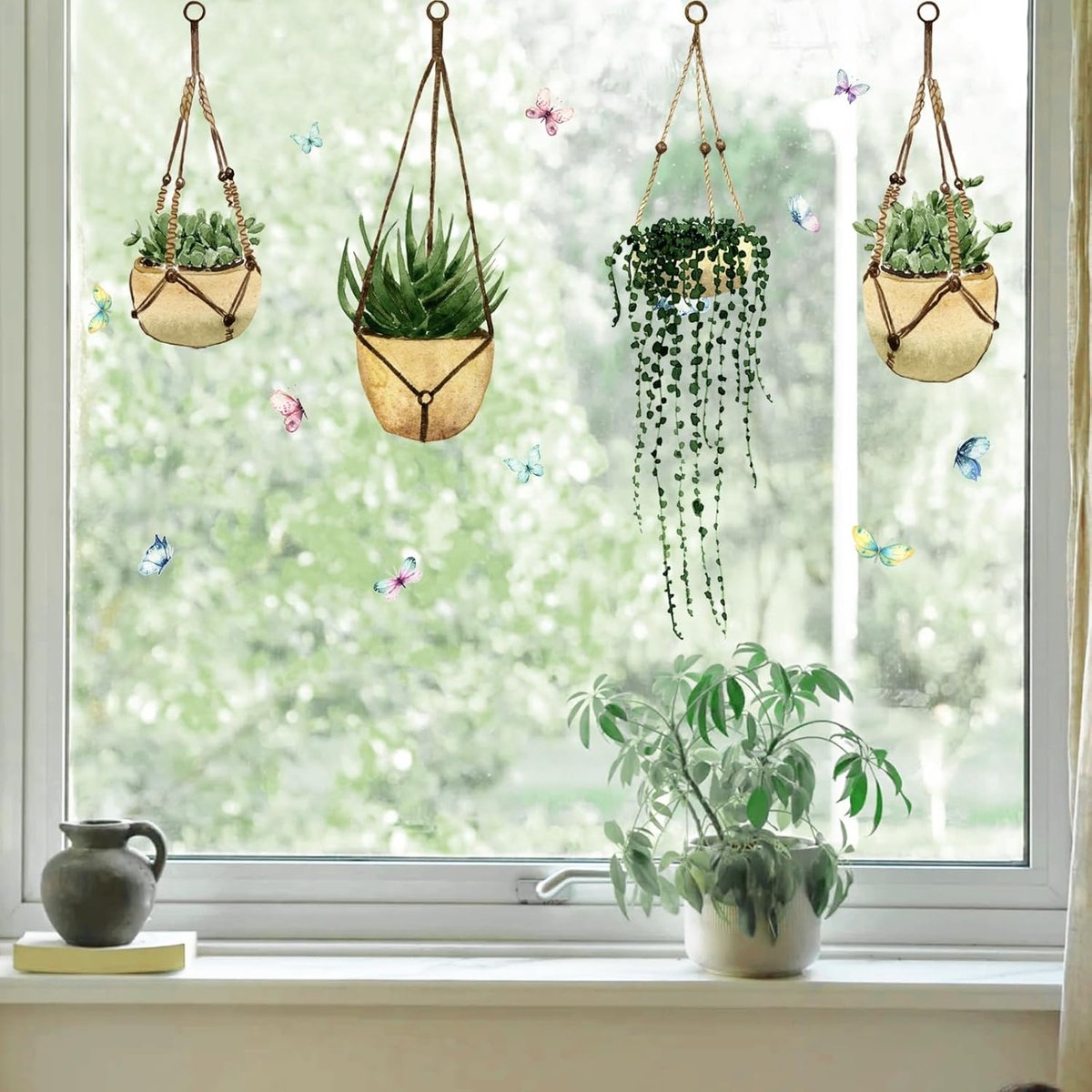 SnelShoppen - Green Pot Plant Window Stickers - Herbruikbare Anti-Collision Vensterdecoratie - PVC, 23x54 cm - Voor Zomer & Lente, Geschikt voor Alle