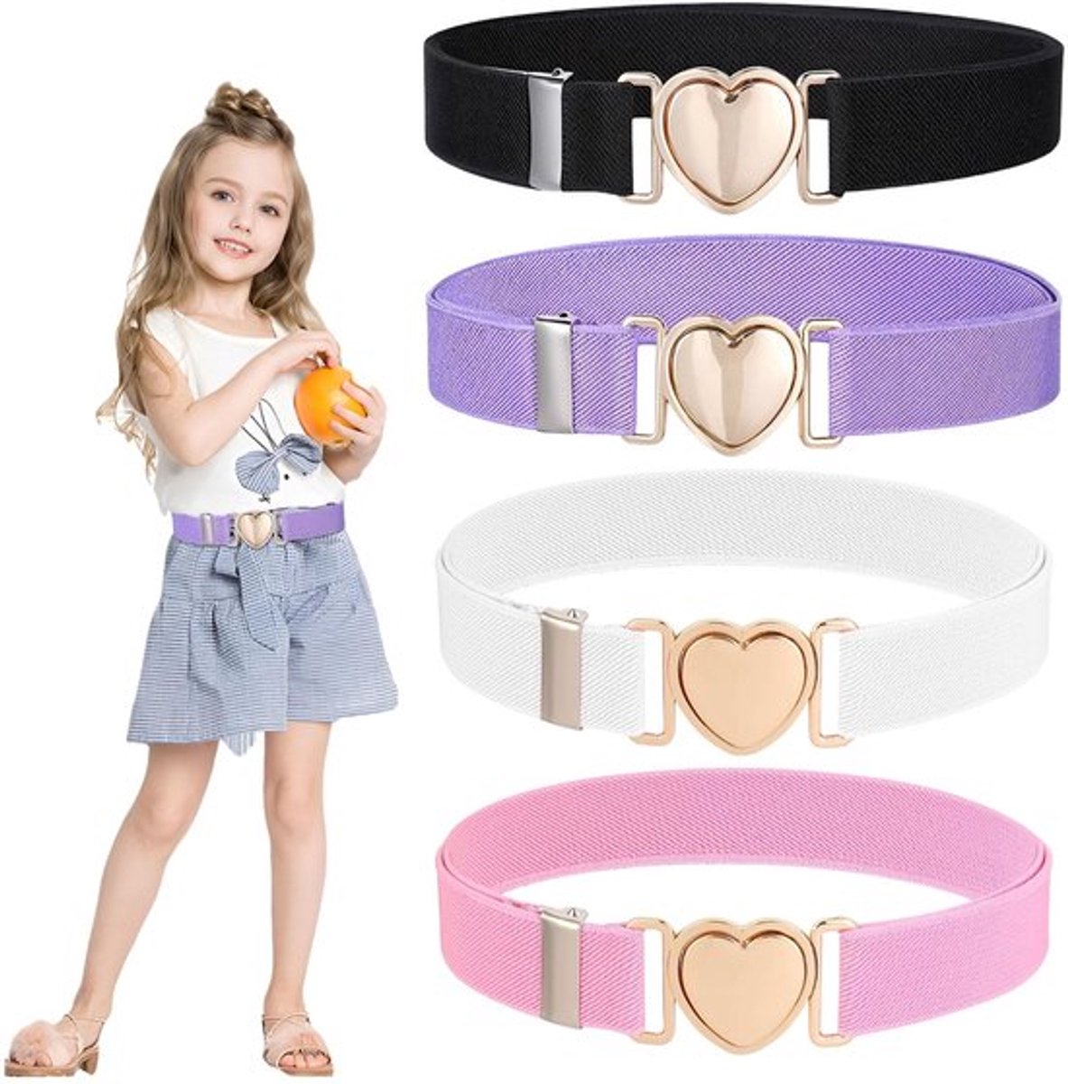 Kinder Riemen 4 Stuks - Elastische Tailleband - Hartvormige Gesp - Voor Meisjes - Comfortabel - Lichtgewicht - Kinderriem